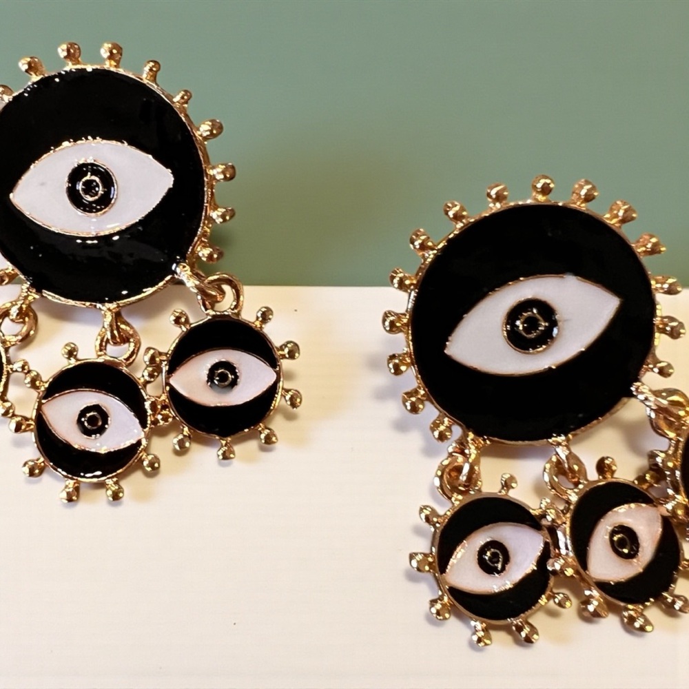 Chic Black and Gold Toned Evil Eye Dangling Earrings - Picture 9 of 17